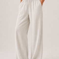 Brennan pants, light off-white, elastic waistband and full-length wide leg