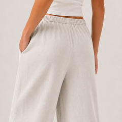 Brennan pants in light off-white, wide straight legs with soft drape