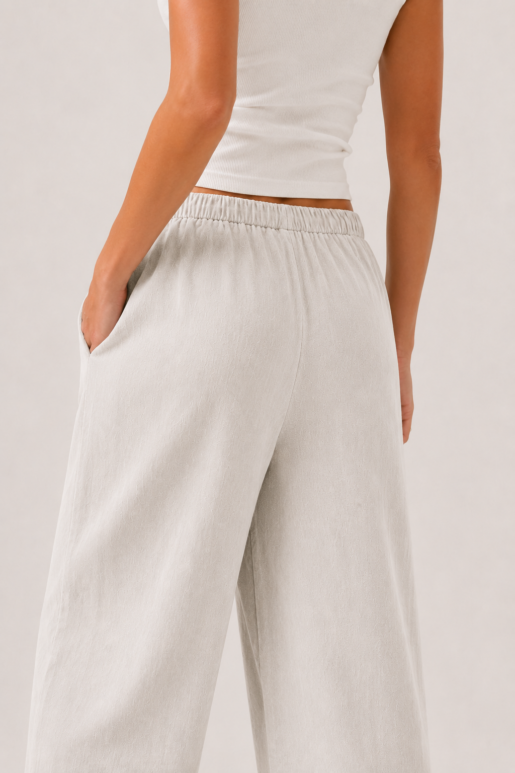 Brennan pants in light off-white, wide straight legs with soft drape