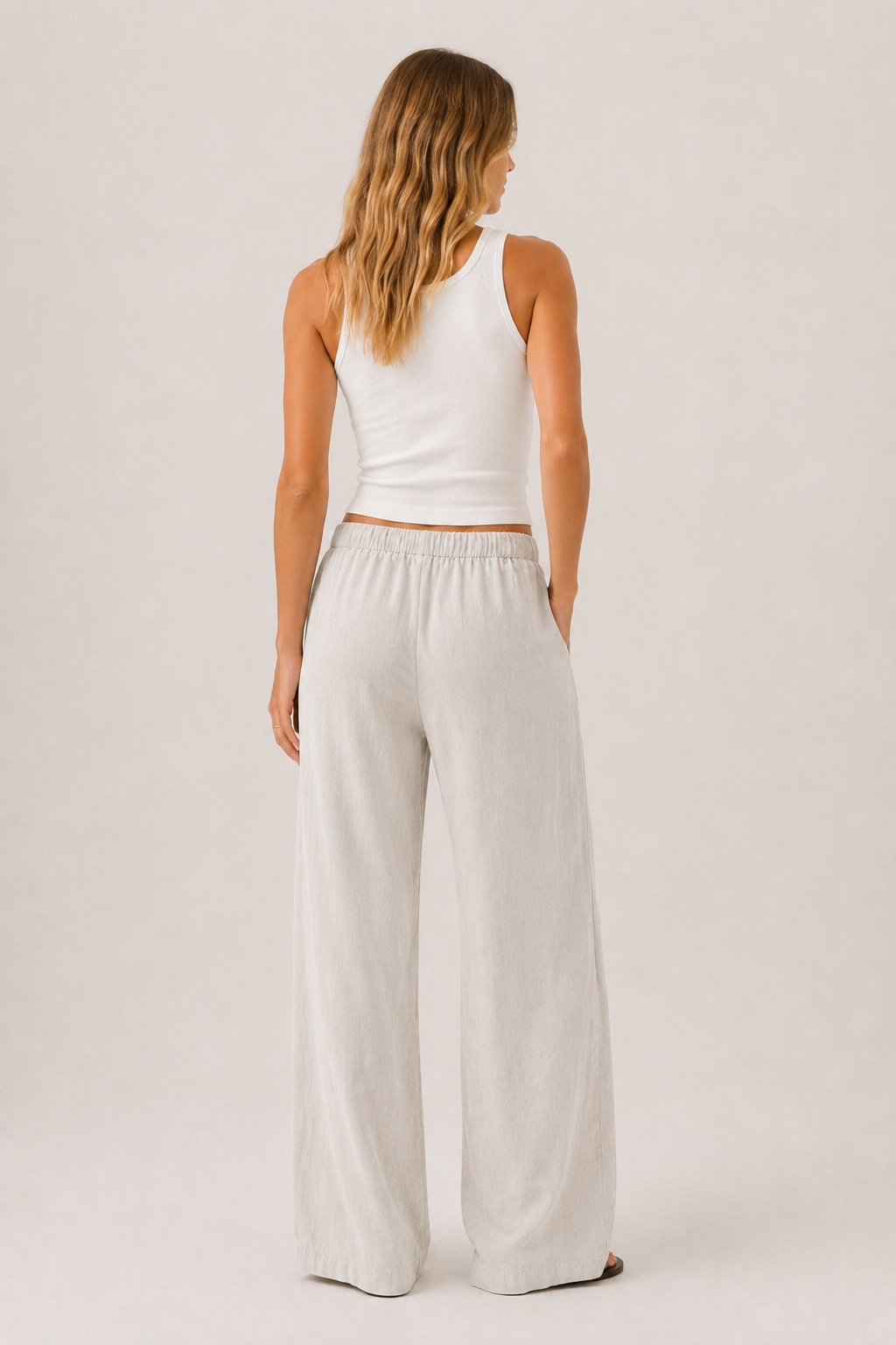 Brennan pants light off-white, elastic waist and flowing wide legs
