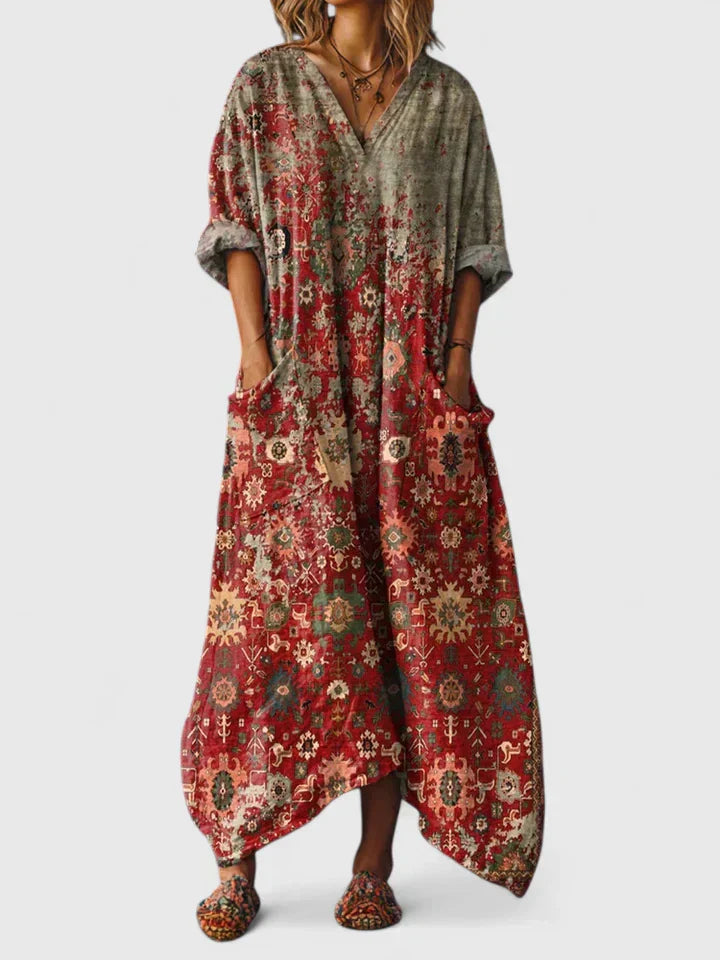 Red and green floral V-neck long dress, short batwing sleeves, side pockets, button-front