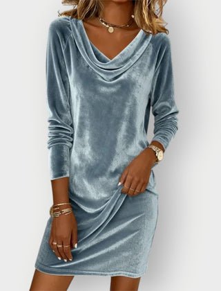 Blue velvet drape-neck mini dress with long sleeves and relaxed cowl neckline