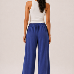 Brennan pants in cobalt blue, back view wide-leg with elastic waist