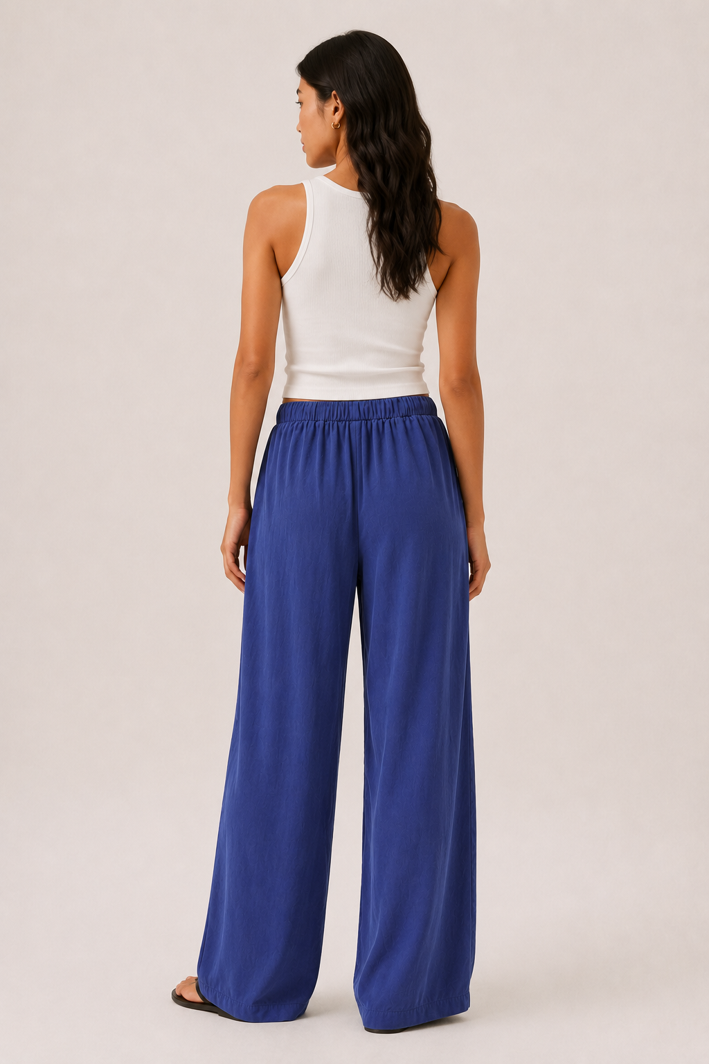 Brennan pants in cobalt blue, back view wide-leg with elastic waist