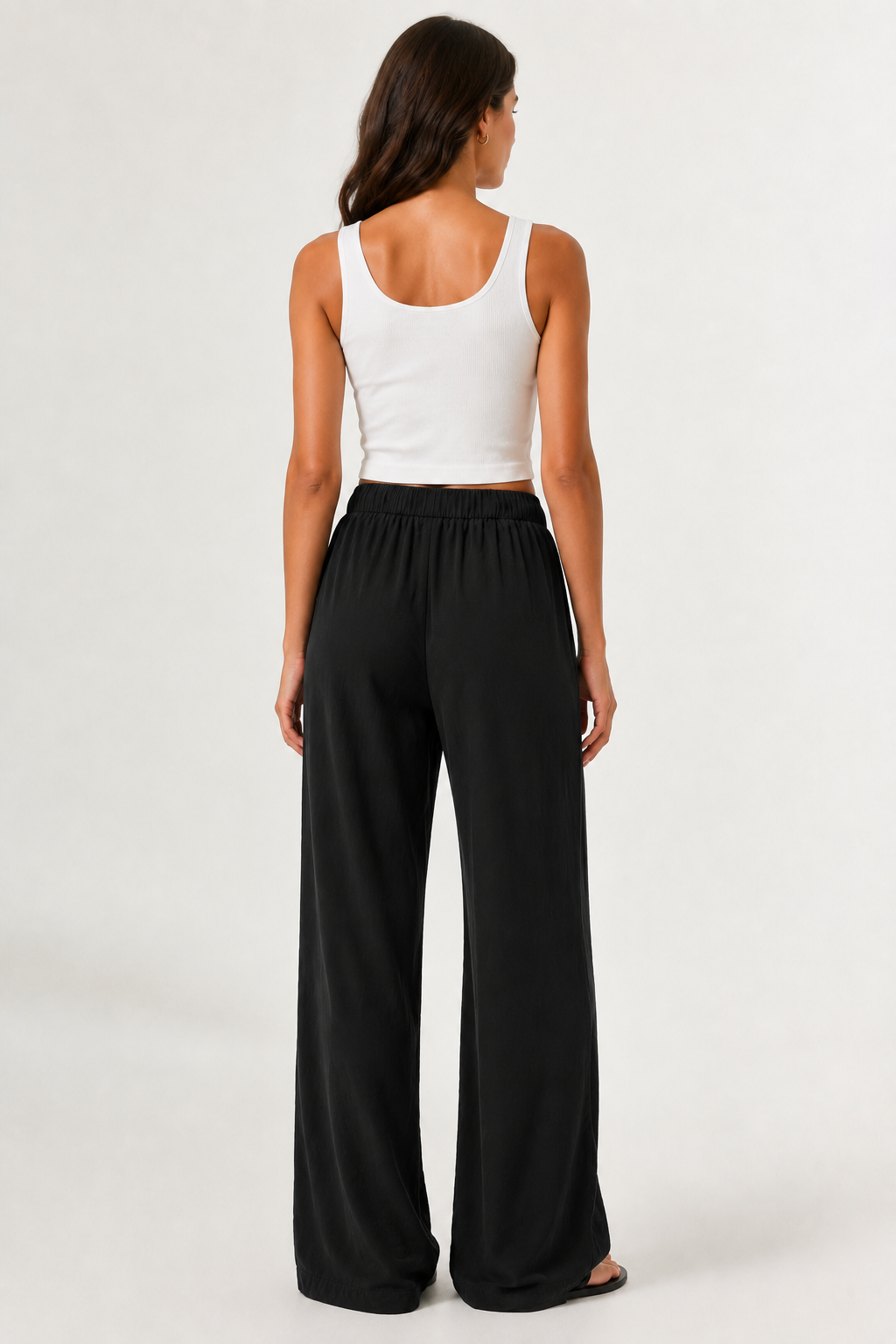 Brennan wide-leg pants in black, full-length flowy legs with elastic waistband