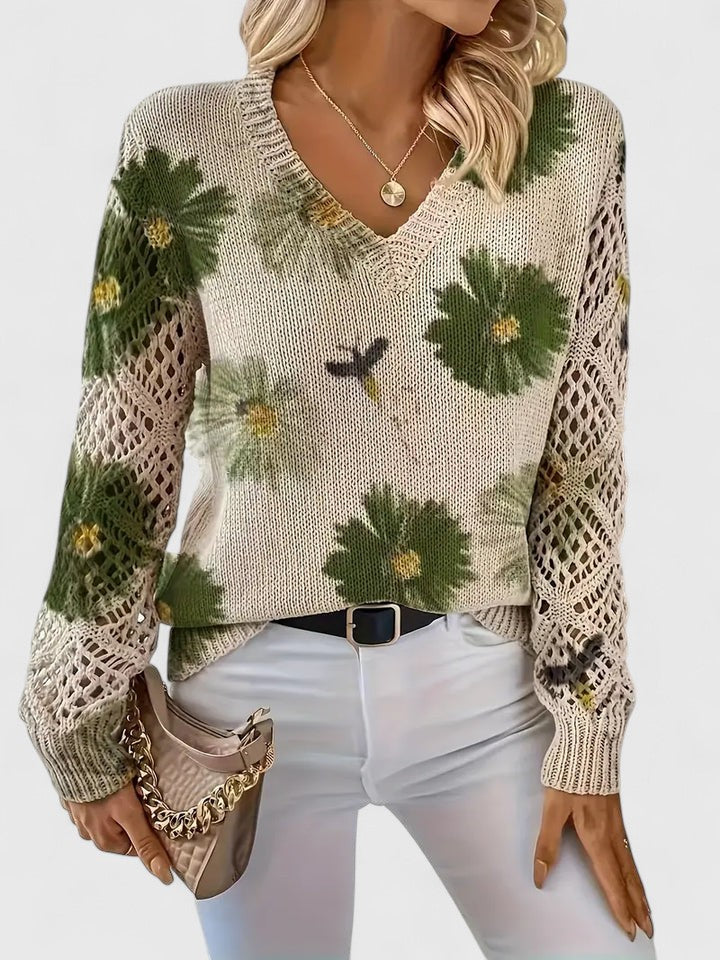 Cream V-neck cardigan with green flower and bird pattern, openwork knit sleeves