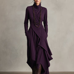 Purple asymmetrical maxi knit dress with roll neck and layered drape, long sleeves