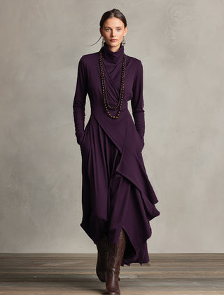 Purple asymmetrical maxi knit dress with roll neck and layered drape, long sleeves