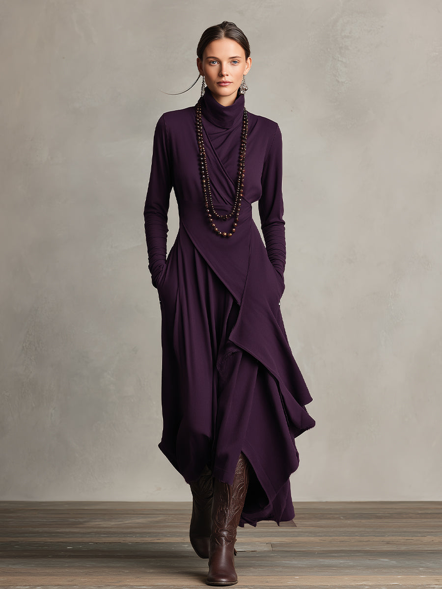 Purple asymmetrical maxi knit dress with roll neck and draped long sleeves