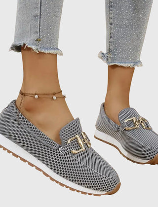 Gray mesh orthopedic loafer sneakers with gold buckle detail and grippy sole