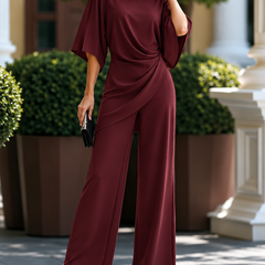 Wine red satin drape two-piece set with batwing top and wide-leg pants