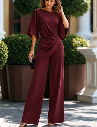 Wine red satin drape two-piece set with batwing top and wide-leg pants
