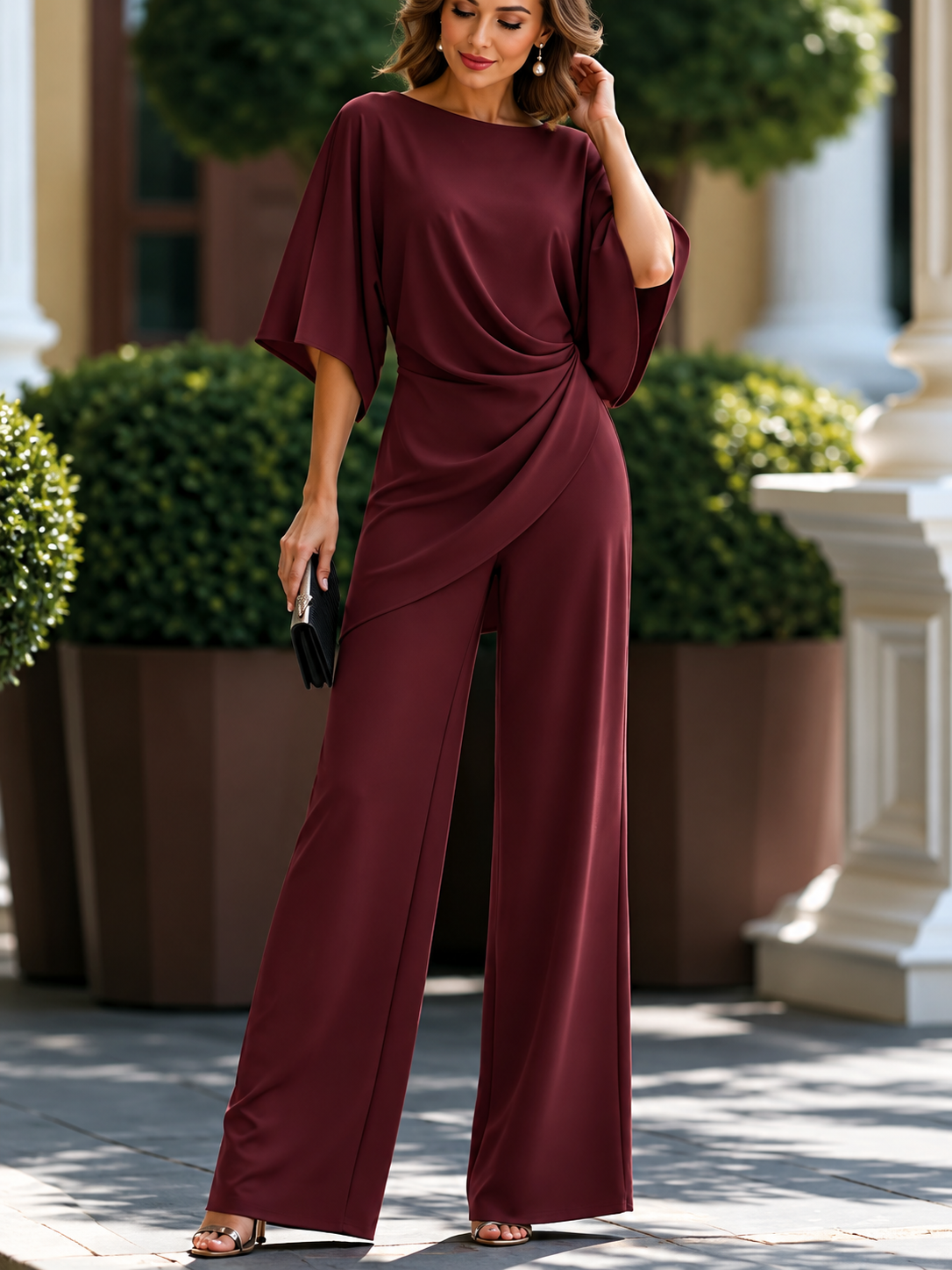 Wine red satin drape two-piece set with batwing top and wide-leg pants