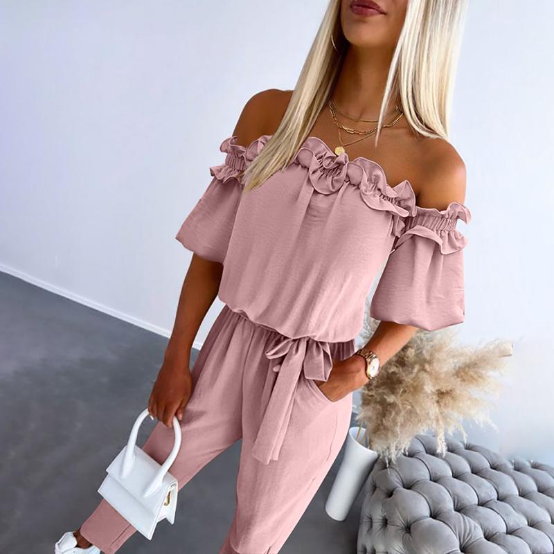 CAMILA™ off-shoulder frill tie-waist jumpsuit in dusty pink with layered ruffle sleeves