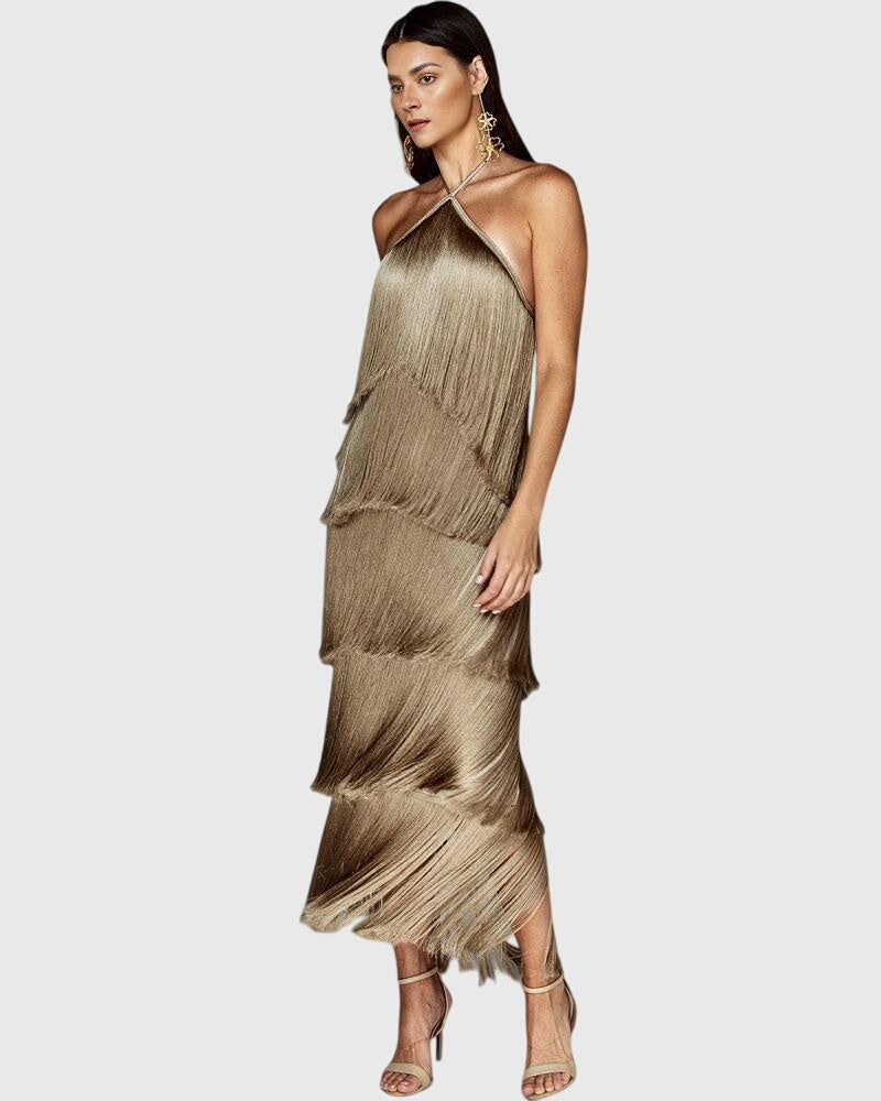 Gold halter tassel dress with layered fringe tiers and sleeveless halter straps