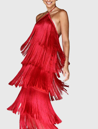 Red tassel halter dress with layered fringe tiers and crisscross straps