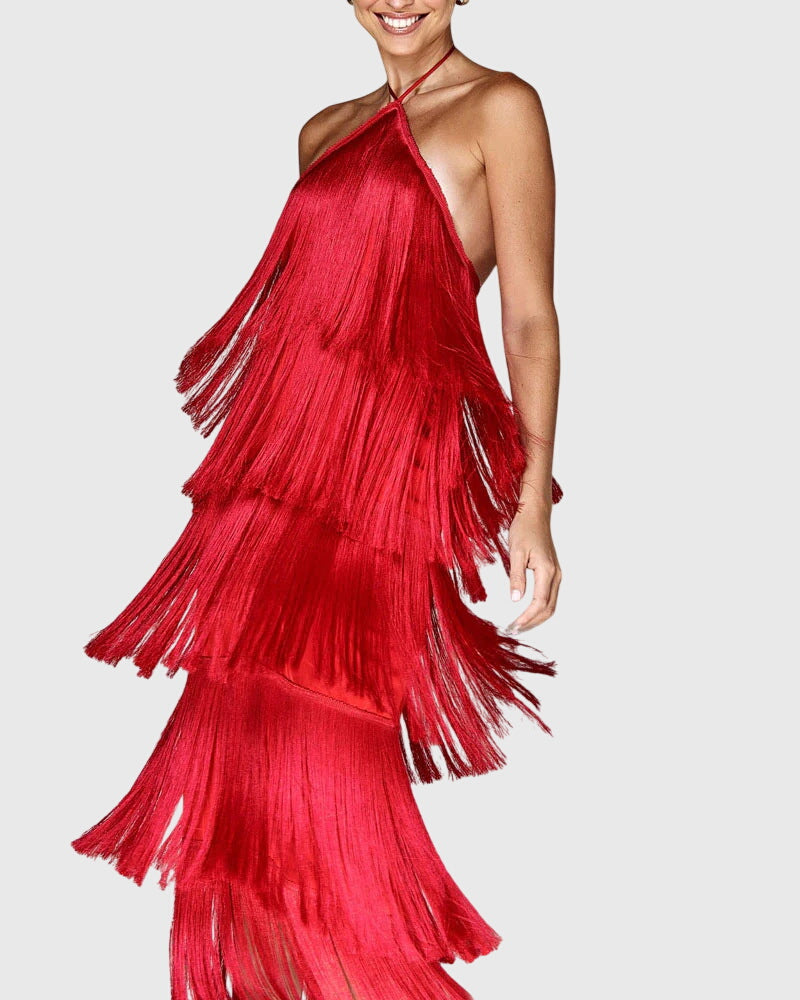 Red tassel halter dress with layered fringe tiers and crisscross straps