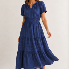 Royal blue tiered V-neck midi dress with short sleeves and gathered waist