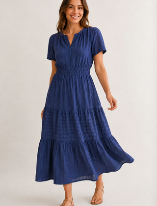 Royal blue tiered V-neck midi dress with short sleeves and gathered waist