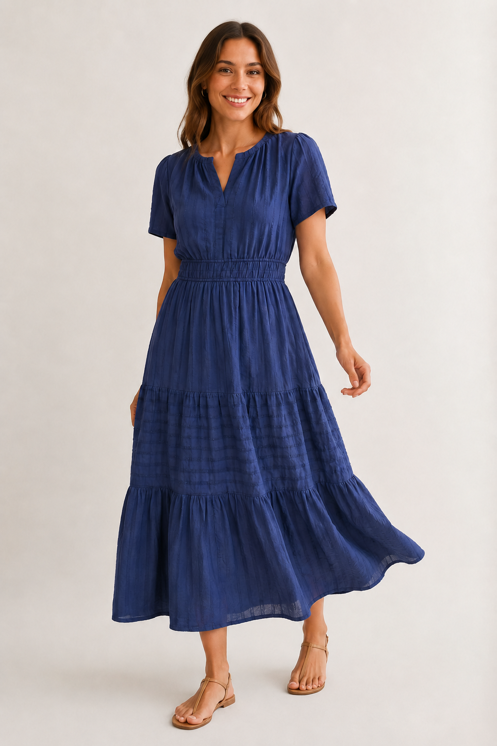 Royal blue tiered V-neck midi dress with short sleeves and gathered waist