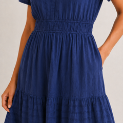 Royal blue tiered midi dress detail: gathered waist and layered skirt sections