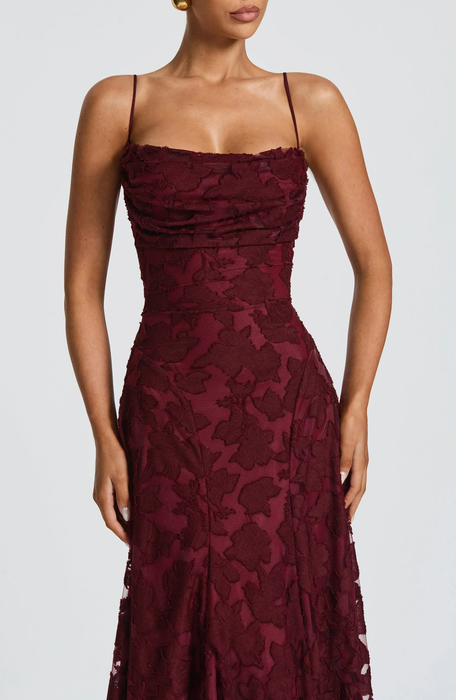 Cherry lace party dress with spaghetti straps and ruched square neckline, fitted skirt