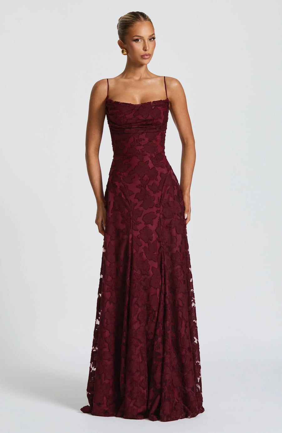 Cherry lace party dress with square neckline and fitted bodice, floor-length skirt
