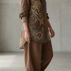 Vintage set: paisley button-up tunic top with loose brown harem pants