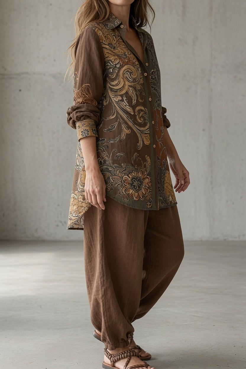 Vintage set: paisley button-up tunic top with loose brown harem pants