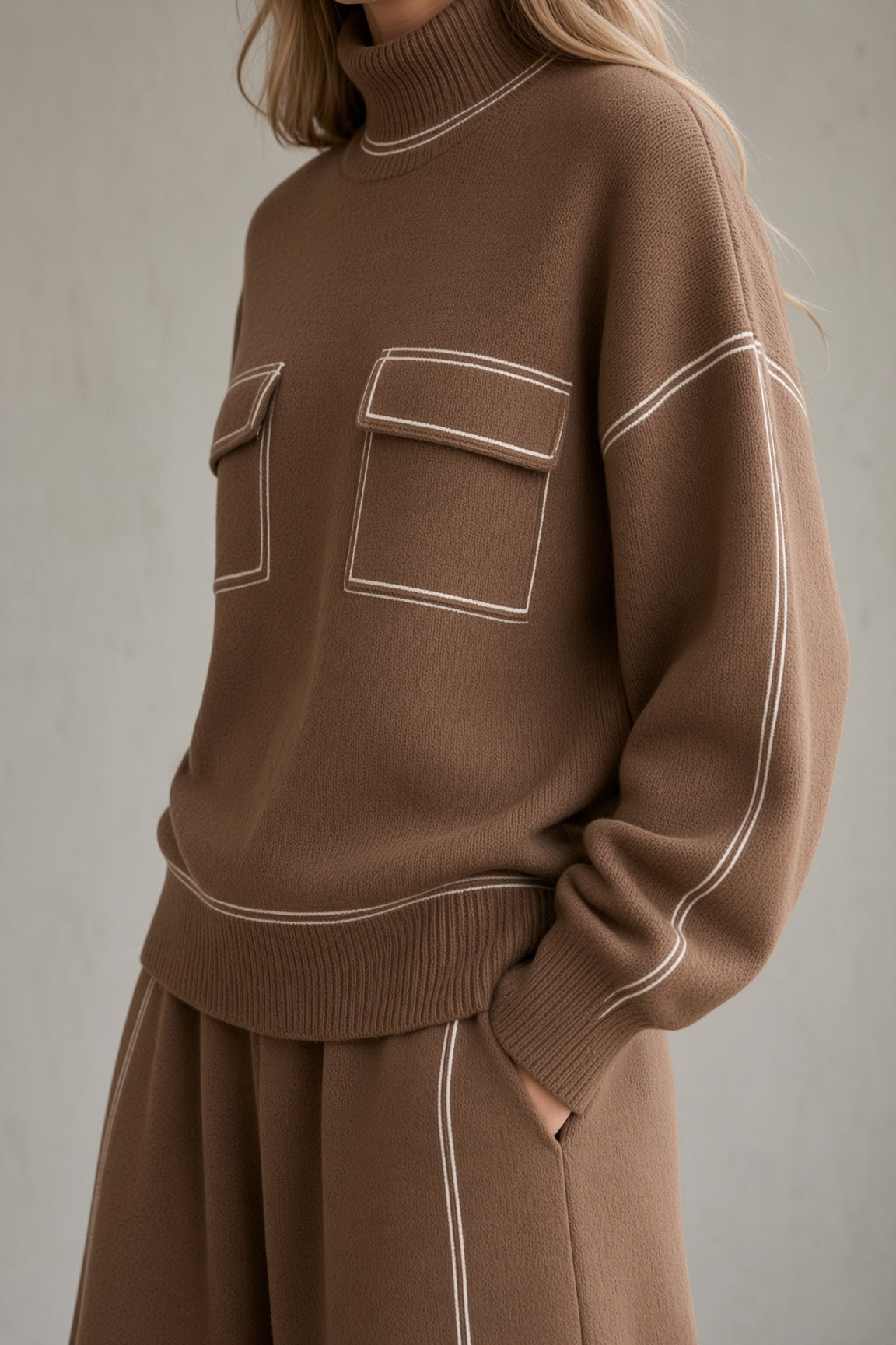 Women's brown knit set close-up: mock-neck sweatshirt with patch pockets, long sleeves