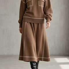 Women's brown knit set: mock-neck sweatshirt with chest patch pockets, midi skirt