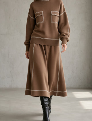 Women's brown knit set: mock-neck sweatshirt with chest patch pockets, midi skirt