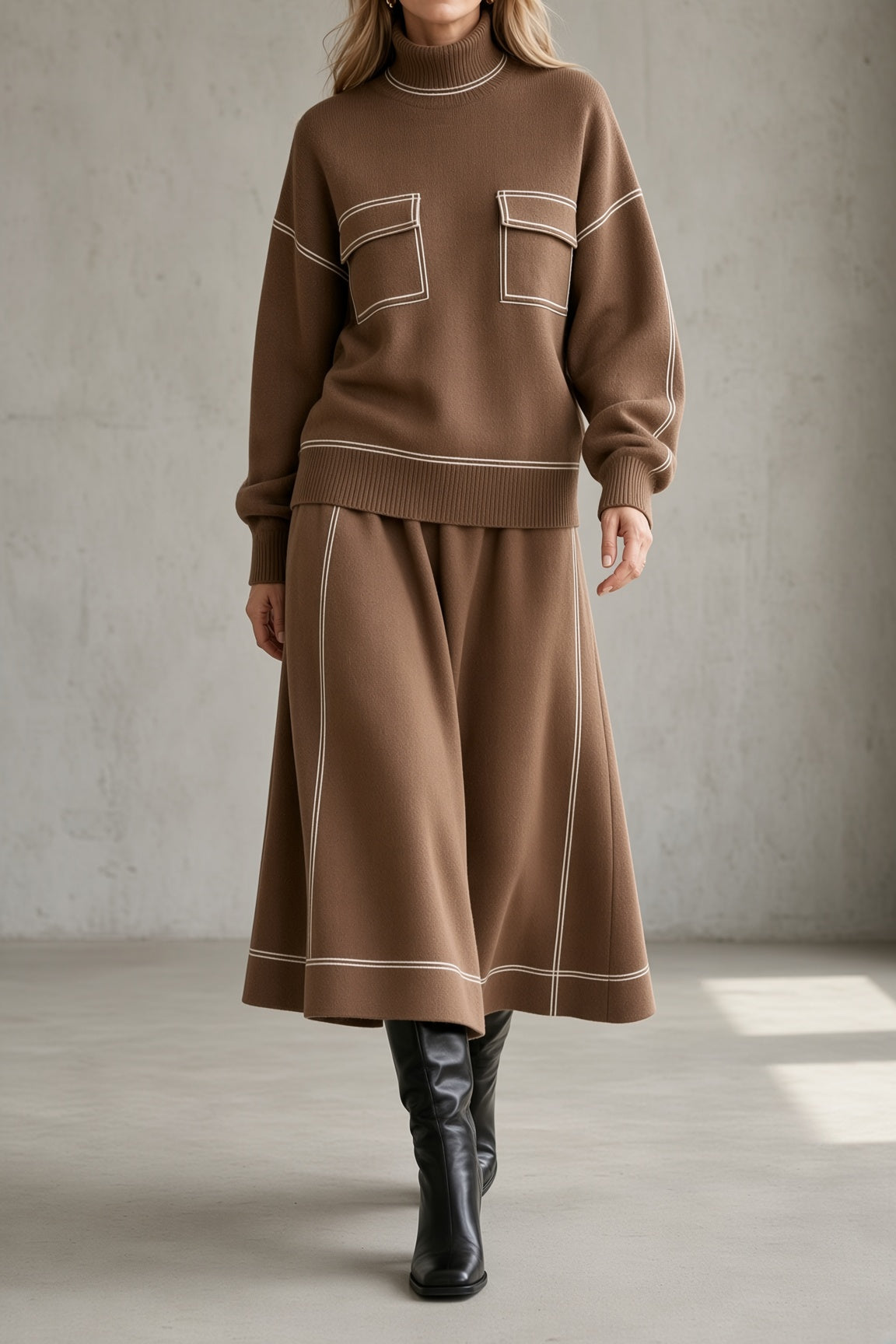 Women's brown knit set: mock-neck sweatshirt with chest patch pockets, midi skirt