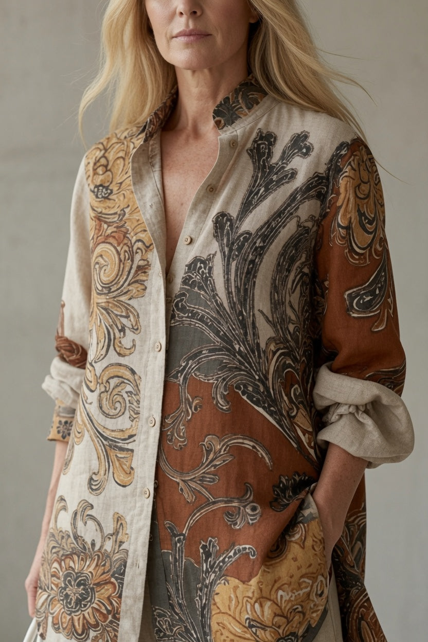 Paisley print button-up shirt in cream, brown, and dark gray with rolled sleeves