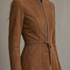 Brown suede dress with front zipper, tied waist, stand collar, long sleeves