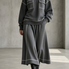 Women's charcoal gray knit set: mock-neck sweatshirt with patch pockets, midi skirt