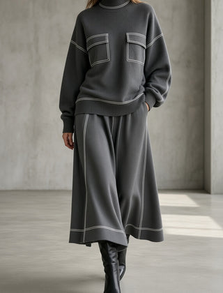 Women's charcoal gray knit set: mock-neck sweatshirt with patch pockets, midi skirt