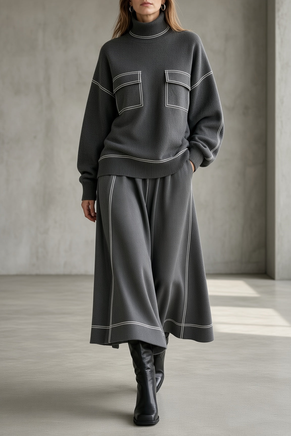 Women's charcoal gray knit set: mock-neck sweatshirt with patch pockets, midi skirt