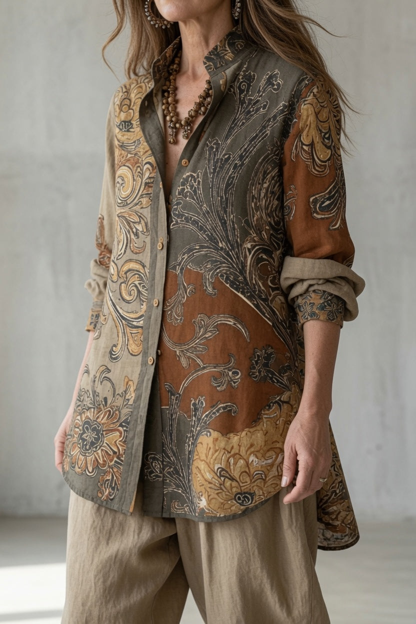Vintage set: paisley button shirt with beige loose pants