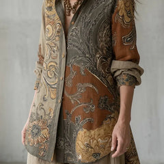 Paisley button-up shirt and beige drawstring pants set, cream and dark brown