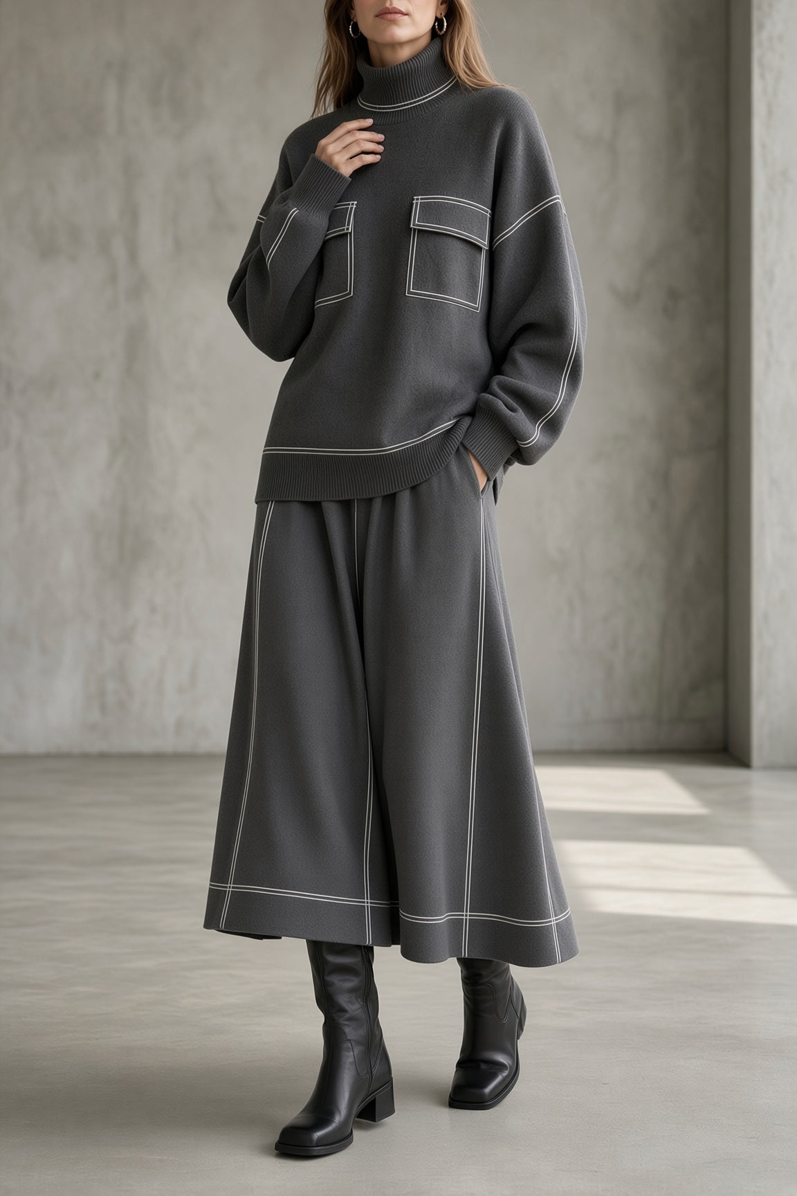 Women's charcoal gray knit set close-up: patch-pocket sweatshirt and flared midi skirt