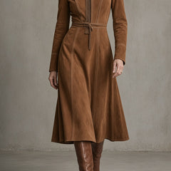 Brown suede midi dress with front zipper, stand collar, long sleeves, tie belt