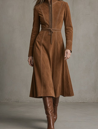 Brown suede midi dress with front zipper, stand collar, long sleeves, tie belt
