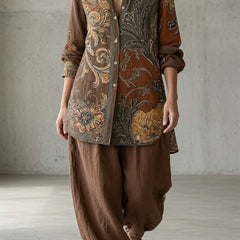 Vintage set: paisley print button-front shirt and loose brown pull-on pants
