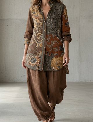 Vintage set: paisley print button-front shirt and loose brown pull-on pants