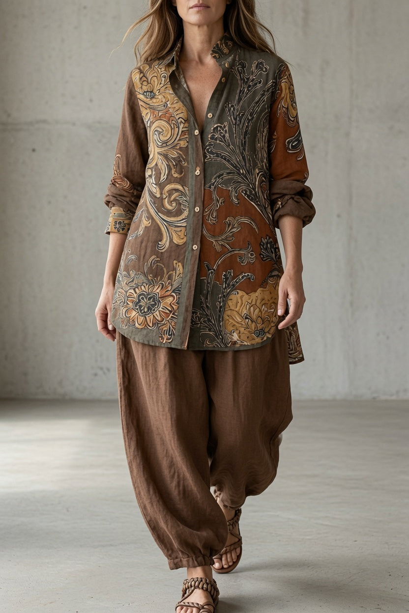 Vintage set: paisley print button-front shirt and loose brown pull-on pants