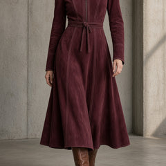 Burgundy suede midi dress with full zip, stand collar, long sleeves, tied waist