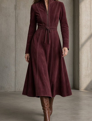 Burgundy suede midi dress with full zip, stand collar, long sleeves, tied waist
