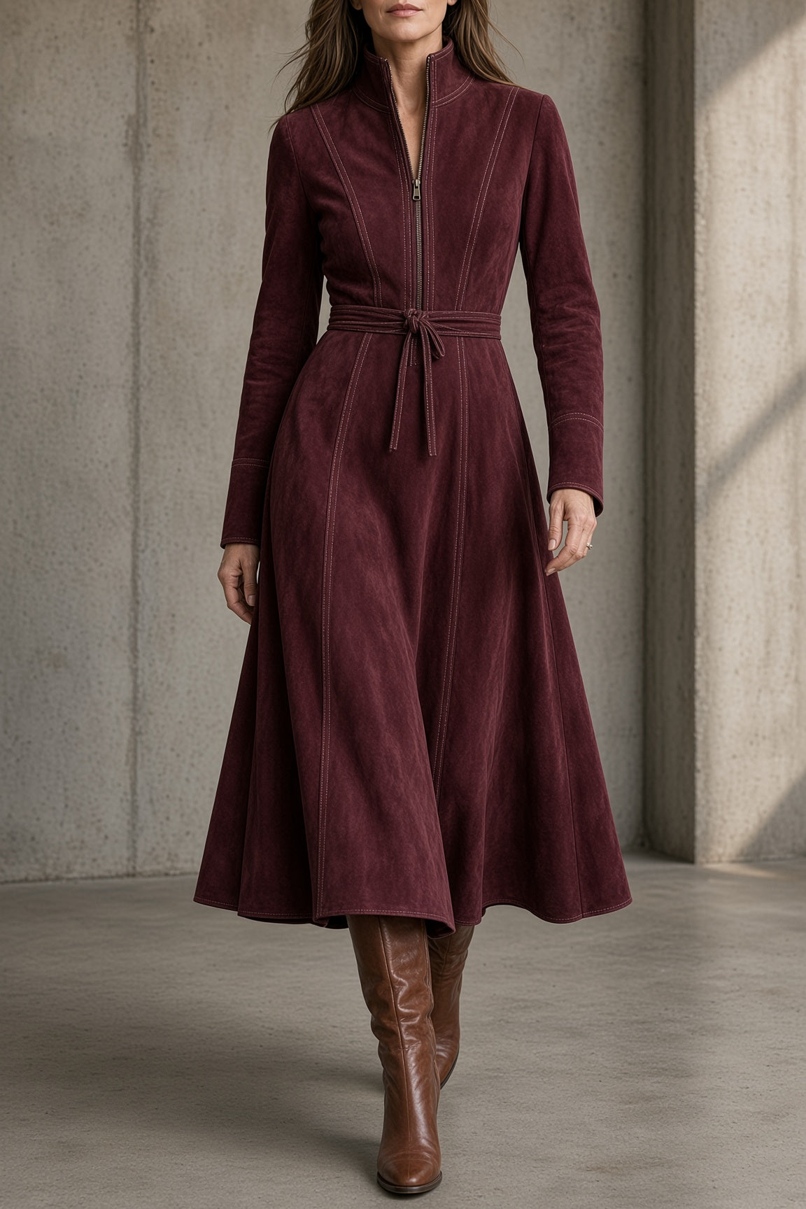 Burgundy suede midi dress with full zip, stand collar, long sleeves, tied waist