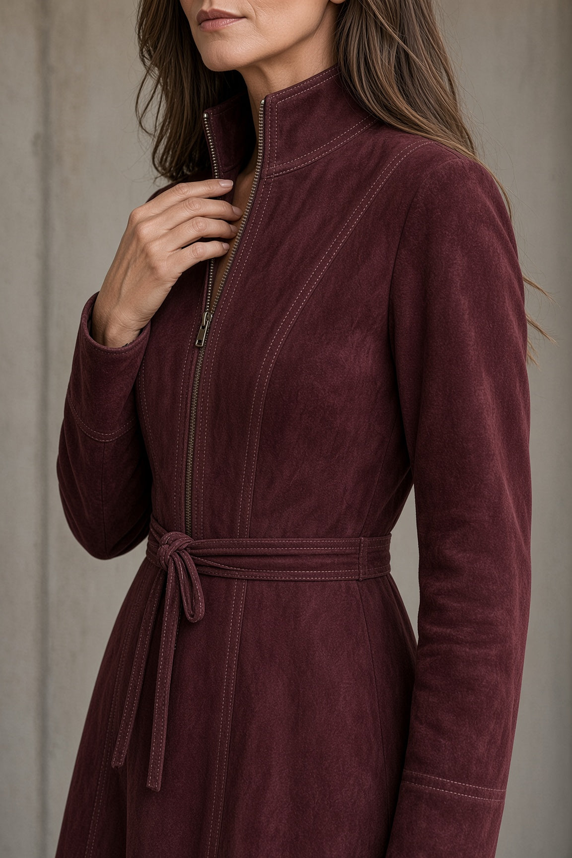 Burgundy suede dress with front zipper, stand collar, long sleeves, tied waist